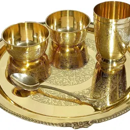 a & h enterprises Pack of 5 Brass Floral Design Pital Thali Set , Dinner Set for Dinnerware Serveware Dinner Set-picture-34