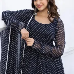 arlima Printed, Solid, Polka Print, Applique, Embellished, Floral Print, Self Design Georgette Stitched Anarkali Gown image 4