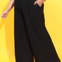 oxolloxo Women Plus Size Elasticated Waist With Tie-Knot Detail Pant With Side Pockets Women Regular Fit Black Viscose Rayon Trousers image 4