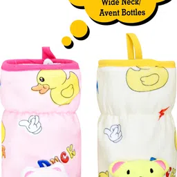 the little lookers Soft Plush Stretchable Baby Feeding Bottle Cover/Tote Bag/Sleeve with Easy to Hold Strap | Cute Animated Overall Print Pack of 2 (Pink & Yellow, Wide Neck 240-330ml/8-11OZ)-picture-25