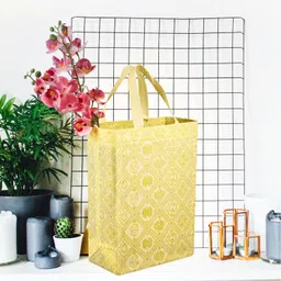 heart home Non-Woven Reusable Check-Kalash Shopping Handbag|Pack of 24|Yellow Pack of 24 Grocery Bags image 4