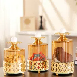 aarvi decor studio Set of 3 Glass and Matel Quick Shop CrownLuxe Jar Containers image 1