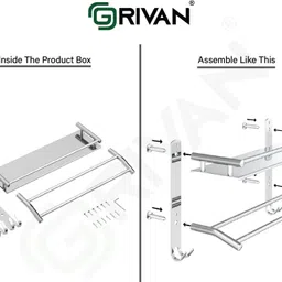 grivan Premium Multipurpose Bathroom Rack | Wall Shelf with Dual Towel Rod & Hooks Silver Towel Holder image 5