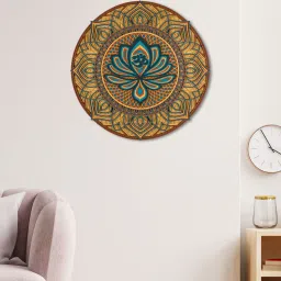 wooden art studio Lotus With Om Pinewood Wall Mural In Multicolour image 1