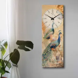 olive tree Multicolour Rectangle 24 Inches Wooden Wall Clock (Peacock) image 1