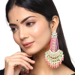 yellow chimes Gold Toned Kundan Studded Green and Pink Beads Drop Chandbali Earrings Copper Chandbali Earring image 3
