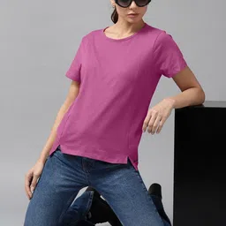 roadster Women Solid Round Neck Pure Cotton Pink T-Shirt image 3