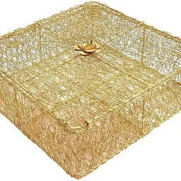 jm international Golden Wire Hamper Basket 10" with Lid – Gift Storage Organizer Iron Fruit & Vegetable Basket image 3