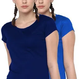 dsws Pack of 2 Women Sporty, Solid Round Neck Polyester Dark Blue, Blue T-Shirt-picture-13