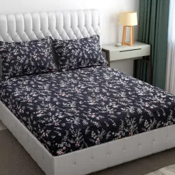 fine tex world Black Floral 220 TC Microfiber King Size Fitted Bedsheet With 2 Pillow Covers image 1