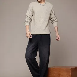 roadster Men Printed Round Neck Beige Sweater image 3