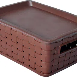 kuber industries Plastic BPA Free Small Trendy Storage Basket With Lid|Color-Brown|Pack of 2 Storage Basket image 3