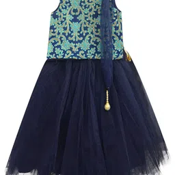 A.T.U.N. Girls Navy Blue & Green Embroidered Ready to Wear Lehenga & Blouse With Dupatta-picture-40