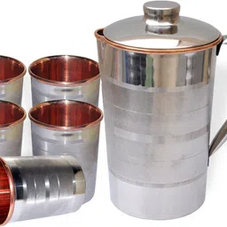 prisha india craft Steel Copper Pitcher with 5 Tumblers Best Quality Drinkware Set for Ayurveda Healing Jug Glass Set-picture-17