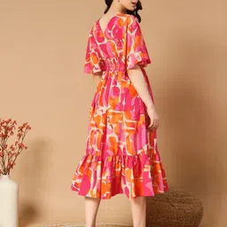 raiyani enterprise Women Fit and Flare Pink, Orange Knee Length Dress image 3
