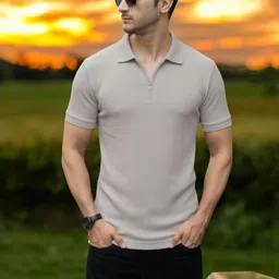 Men Self Design Polo Neck Cotton Blend Grey T-Shirt-image-5