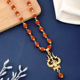 giacomo OM Bholenath Locket & Rudraksha Mala Trishul Damru Spiritual Shiva Pendant Gold-plated Beads Wood, Alloy Pendant Set image 3