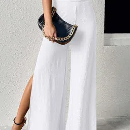 Women Flared White Lycra Blend Trousers-image-50