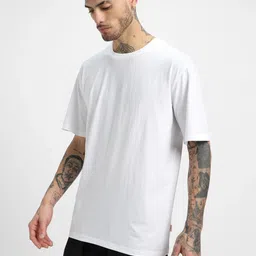 veirdo Oversized Men Solid Round Neck Pure Cotton White T-Shirt image 2