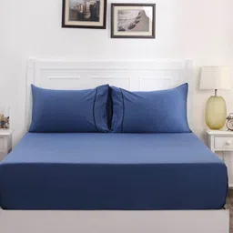 Blue Solid 300 TC 100% Cotton Single Bed Sized Bed Sheets With 1 Pillow Cover by Maspar image 2
