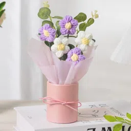 satyam kraft 1 Pcs Artificial Daisy Crochet Flower Bouquet with Pot | Home Decor,Table,Gift Purple, White Daisy Artificial Flower with Pot-picture-27