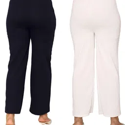 fashion bazaar Pack of 2 Women Regular Fit Dark Blue, White Cotton Blend Trousers image 2