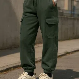 juneberry Women Solid Olive Track Pants image 1