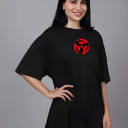 kaido Women Printed Round Neck Pure Cotton Black T-Shirt image 4