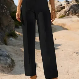 Women Regular Fit Black Viscose Rayon Trousers-image-1