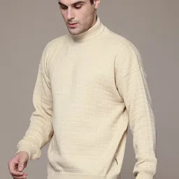roadster Men Self Design Turtle Neck Beige Sweater image 5