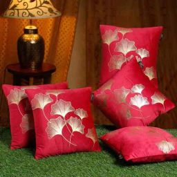hosta homes Maroon Velvet Floral 16X16 Inches Cushion Covers (Pack of 5)-picture-0