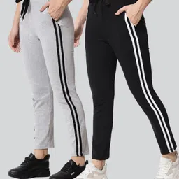 trendefy Pack of 2 Women Solid, Striped Black, Grey Track Pants-picture-13