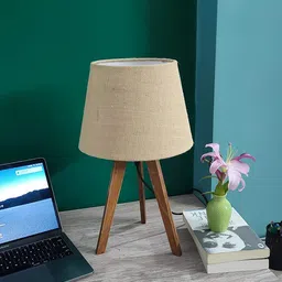 plypandit Tripod Desk Lamp for Bedside and Study in Brown Wood Finish (Jute) Table Lamp image 4