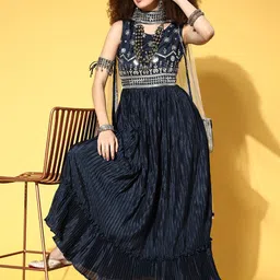 Kvsfab Navy Blue Ethnic Motifs Embroidered Sequinned A-Line Maxi Dress with Dupatta-picture-30