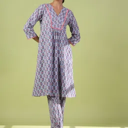 anayna Women Printed Pleated Thread Work Pure Cotton Kurta with Pants-picture-30