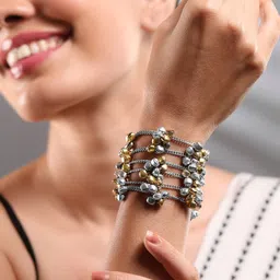 Rubans Oxidised Silver-Plated Multi-Layered Chain Bracelet with Golden & Silver Bells-picture-19