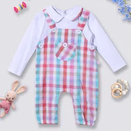 Moms Love Infant Girls Pink & White Checked Cotton Dungaree with T-shirt & Headband-picture-34