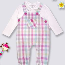 Moms Love Infant Girls Pink & White Checked Cotton Dungaree with Top & Headband-picture-32