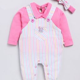 Moms Love Infant Girls Pink & White Striped Cotton Dungaree with T-shirt & Headband-picture-19