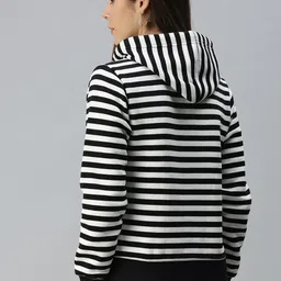 Campus Sutra Women Black & White Striped Hooded Front-Open Sweatshirt image 2