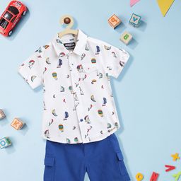 Nauti Nati Boys White & Navy Blue Printed Pure Cotton Shirt with Shorts-picture-4