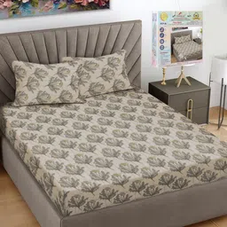 FABINALIV Beige & Grey Floral Printed 300 TC Fitted King Bedsheet Set 2.7 m x 2.7 m-picture-32