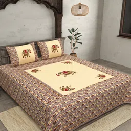 JAIPUR FABRIC Cream-Coloured & Navy Blue Ethnic Motifs 240 TC Cotton Queen Bedsheet with 2 Pillow Covers-image-3