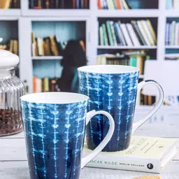 GOODHOMES 2 Pieces White & Blue Printed Bone China Glossy Coffee Mugs - 360 ML Each-picture-28