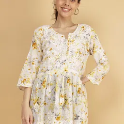 Syrish Floral Printed With Thread Work A-Line Pure Cotton Kurti-image-2