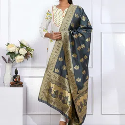 Kesarya Women Grey & Gold-Toned Ethnic Motifs Woven Design Pure Silk Dupatta with Zari image 1