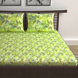 Divine Casa Lime Green & White Floral 144 TC Queen Bedsheet with 2 Pillow Covers-picture-22
