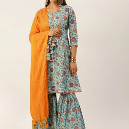 KALINI Floral Printed Gotta Patti Detailed Pure Cotton A-Line Kurta & Sharara With Dupatta-image-31