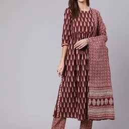 KIMAYRA Ethnic Motifs Printed Cotton Kurta with Trousers & Dupatta-picture-17