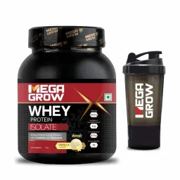 Megagrow Isolate Whey Protein Powder Vanilla Flavored with shaker | Energy 125 kcal | 24.5 g Protein, 4.67 g BCAA - 31 Servings, Pack of 1 Kg-image-90